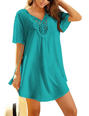 Ekouaer Ropa de playa para mujer, vestido de playa ahuecado, con encaje de ganchillo, cuello en V, para playa, S-XXL, verde, L