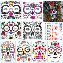 Halloween Tatuajes Temporales de Cara, 8 Hojas Día de los Muertos Cráneo Cara Tatuajes y 1 Pegatinas de Diamantes de Imitación, Pegatinas Cara Hallowe precio