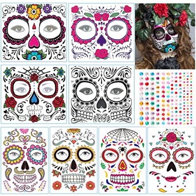 Halloween Tatuajes Temporales de Cara, 8 Hojas Día de los Muertos Cráneo Cara Tatuajes y 1 Pegatinas de Diamantes de Imitación, Pegatinas Cara Hallowe