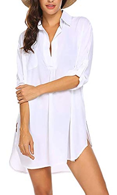 heekpek Vestido de Playa Camisero de Manga Corta Liso para Cubrir Bikini Mujer(Blanco,XL)
