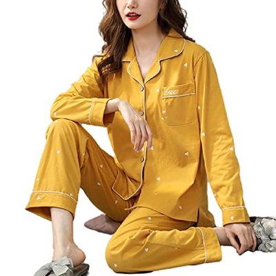 Pijama Mujer Sexy, Pjs Conjuntos para Mujer Casual Manga Larga Pijamas De Algodón Novedad Amor Corazón Amarillo Cárdigan Pantalones Otoño Invierno Cál
