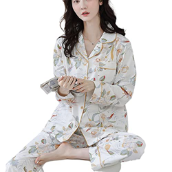 Pijama Mujer Verano, Conjuntos De Pijamas para Mujer Casual Manga Larga Pijamas De Algodón Flor Creativa Hojas Cárdigan Pantalones Otoño Invierno Cáli características
