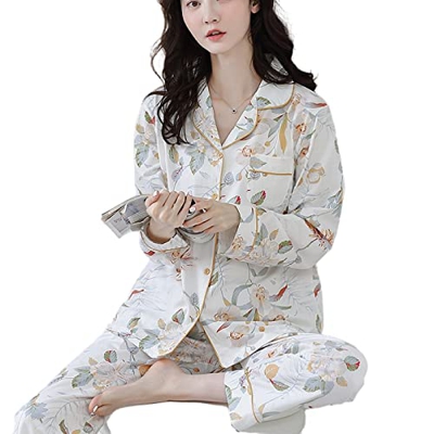 Pijama Mujer Verano, Conjuntos De Pijamas para Mujer Casual Manga Larga Pijamas De Algodón Flor Creativa Hojas Cárdigan Pantalones Otoño Invierno Cáli