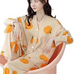 Pijama Mujer Verano, Conjuntos De Pijamas Informales para Mujer, Pijamas De Algodón De Manga Larga, Pantalones De Rebeca De Mandarina Creativos, Traje características