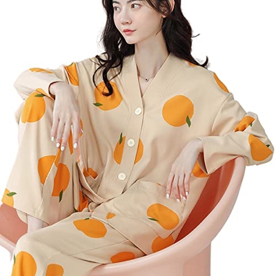 Pijama Mujer Verano, Conjuntos De Pijamas Informales para Mujer, Pijamas De Algodón De Manga Larga, Pantalones De Rebeca De Mandarina Creativos, Traje