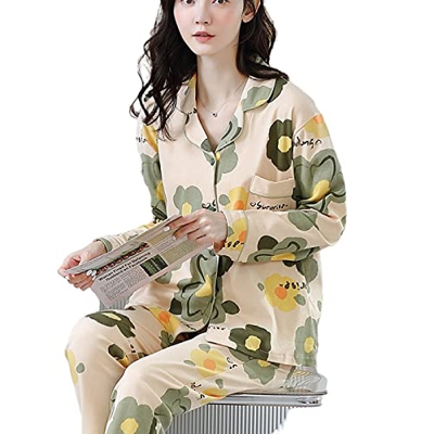 Pijama Mujer, Conjuntos De Pijamas para Mujer, Pijamas De Algodón De Manga Larga Informales, Pantalones De Rebeca De Flores Creativas, Ropa De Dormir 