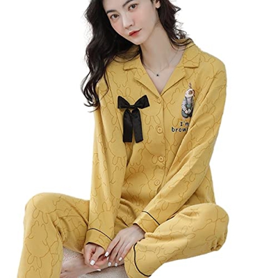 Pijama Mujer Sexy, Conjuntos De Pjs para Mujer Pijamas De Algodón De Manga Larga Casual Conejo Creativo Pantalones De Rebeca Amarillo Otoño Invierno C