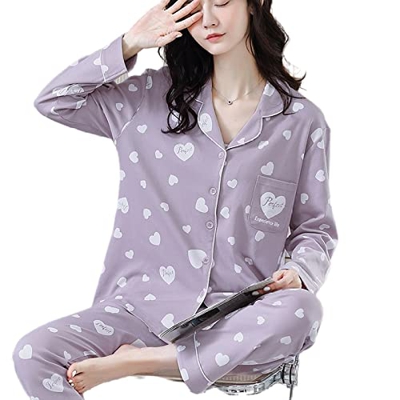 Pijama Mujer Sexy, Conjuntos De Pijamas para Mujer Casual Manga Larga Pijamas De Algodón Amor Creativo Corazón Púrpura Rebeca Pantalones Otoño Inviern