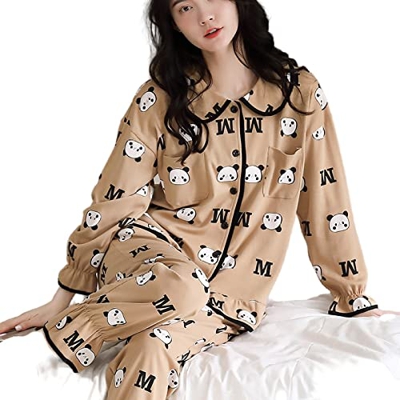 Pijama Mujer Verano, Conjuntos De Pjs Cálidos E Informales, Pijamas De Algodón, Panda De Dibujos Animados, Pantalones De Rebeca De Color Caqui, Otoño 
