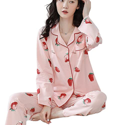 Pijama Mujer Sexy, Conjuntos De Pijamas para Mujer Casual Manga Larga Pijamas De Algodón Creativo Fresa Rosa Chaqueta De Punto Pantalones Otoño Invier en oferta