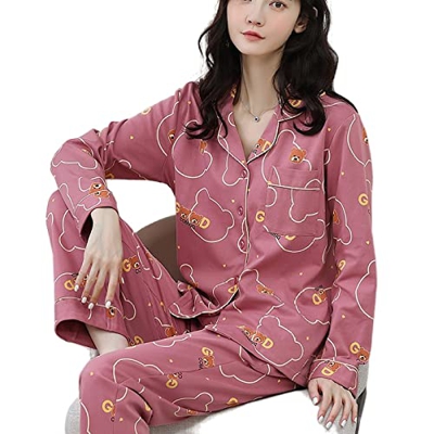 Pijama Mujer, Conjuntos De Pjs para Mujer Pijamas De Algodón De Manga Larga Casual Rayas De Dibujos Animados Oso Chaqueta De Punto Roja Pantalones Oto