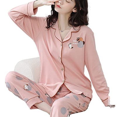 Pijama Mujer Verano, Conjuntos De Pjs para Mujer Pijamas De Algodón De Manga Larga Casual Gato De Dibujos Animados Pantalones De Rebeca Rosa Otoño Inv