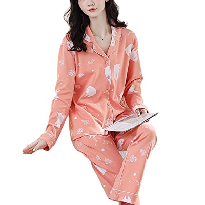 Pijama Mujer Verano, Conjuntos De Pjs para Mujer Pijamas De Algodón De Manga Larga Casuales Oso Polar Creativo Pantalones De Rebeca Rosa Otoño Inviern