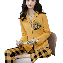 Pijama Mujer Verano, Conjuntos De Pjs para Mujer Pijamas De Algodón De Manga Larga Casual Pantalones De Rebeca Amarillos A Cuadros Creativos Otoño Inv precio