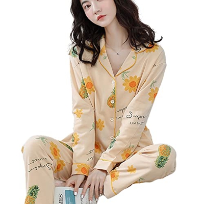 Pijama Mujer Verano, Conjuntos De Pjs para Mujer Pijamas De Algodón De Manga Larga Casual Piña Creativa Girasol Cárdigan Pantalones Otoño Invierno Cál
