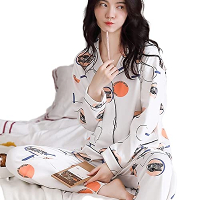 Pijama Mujer, Conjuntos De Pjs Cálidos E Informales Pijamas De Algodón Bloque De Color Creativo Pantalones De Rebeca Blancos Otoño Invierno Mangas Lar