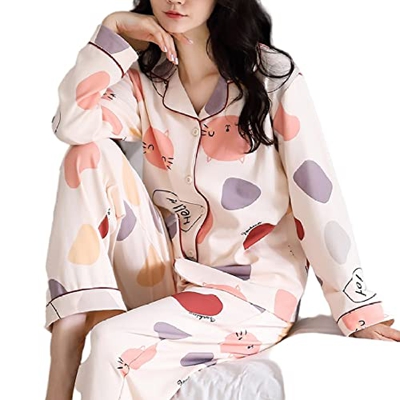 Pijama Mujer, Casual Cálido Pjs Conjuntos Pijamas De Algodón Gato De Dibujos Animados Chaqueta De Punto Pantalones Otoño Invierno Manga Larga Camisón 