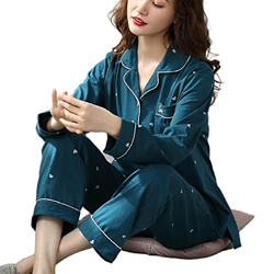 Pijama Mujer, Conjuntos De Pjs para Mujer Pijamas De Algodón De Manga Larga Casual Novedad Amor Corazón Azul Verde Chaqueta De Punto Pantalones Otoño  en oferta