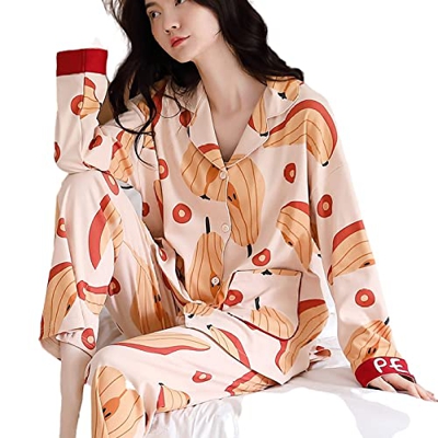 Pijama Mujer, Conjuntos De Pjs Cálidos E Informales Pijamas De Algodón Pantalones De Rebeca De Frutas Creativas Otoño Invierno Mangas Largas Traje De 