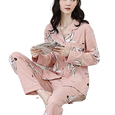 Pijama Mujer Verano, Conjuntos De Pjs para Mujer Pijamas De Algodón De Manga Larga Casual Conejo De Dibujos Animados Pantalones De Rebeca Rosa Otoño I