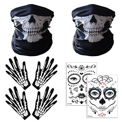 KDUH Máscara de Cara y Guantes de Esqueletos Blancos 2 Piezas Máscara de Cara Calavera Máscara Facial Esqueleto Cicatriz Pegatina para Fiesta Disfrace