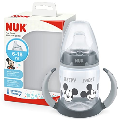 NUK First Choice+ - Botella para aprender a beber, 6 – 18 meses, 150 ml, válvula anticólicos, boquilla a prueba de fugas, mangos ergonómicos, sin BPA,