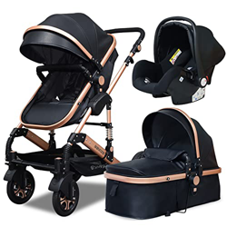 Silla de paseo 3 piezas,Carrito Bebé,Sistema de viaje funcional y ligero,Silla Paseo,Asiento Coche,Plegado Tejido térmico de PU (Negro) características