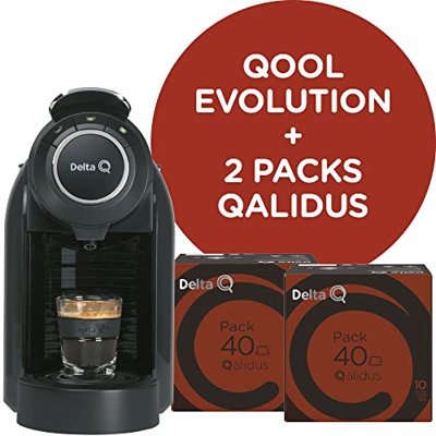 Delta Q Cafetera de Cápsulas Qool Evolution Negra 19 Bares de Presión Capacidad 1L + 2 packs de 40 Cápsulas de Café Qalidus Intensidad 10