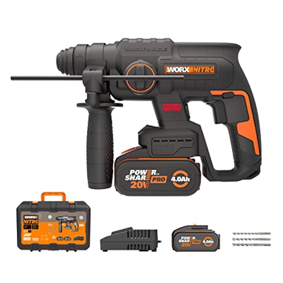 WORX 18V(20V MAX) Taladro Percutor Rotatorio sin Cable WX381.2, PowerShare, Motor sin escobillas,Martillo Perforador a Batería, Antivibración, 2 Bater