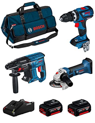 BOSCH Kit 18V BK308BAG (Taladro Percutor GSB 18V-60 C + Amoladora GWS 18-125 V-LI + Martillo Perforador GBH 18V-21 + 2 Baterías de 4,0 Ah + Cargador +