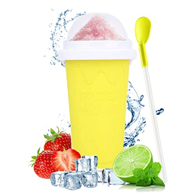 BEE&FLOWER Vaso para hacer granizado, 350 ml, 2 en 1, con cuchara y pajita, diseño de doble capa, para hacer granizado uno mismo en el verano, amarill