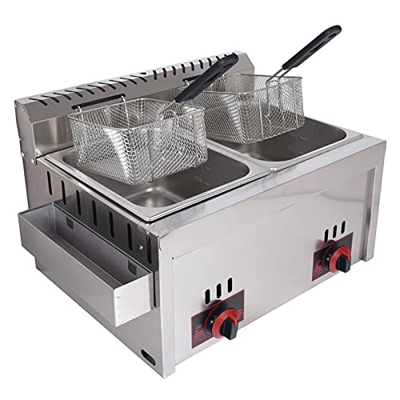 Freidora de Gas Profesional, freidora Profesional, freidora de 6Lx2 con Doble Tapa y termostato de Seguridad, para Restaurante Familiar y Comercial de