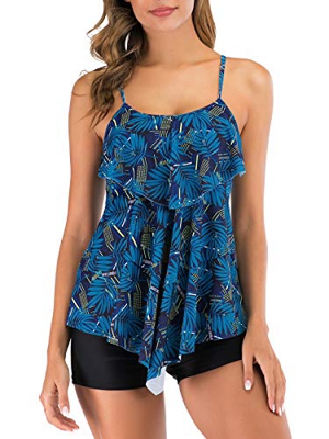 FLYILY Trajes de baño Tankini de 2 Piezas para Mujer Top con Estampado de Volantes y bañadores(BlueLeaf,XL)
