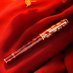 Hongdian N8 - Pluma estilográfica roja, punta fina de iridio, tapa de talla de hoja de arce chapada en oro, bolígrafo acrílico de escritura suave con  en oferta