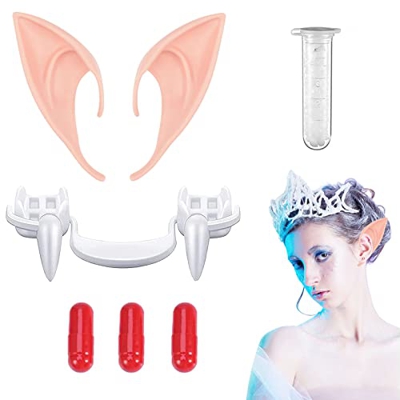 Pipihome 1 Pieza Retráctiles Dientes & 1 Pare Orejas De Elfo de Látex Conjunto, Colmillos de Vampiro Reutilizables con Caja Portátil & Adhesivo Sólido