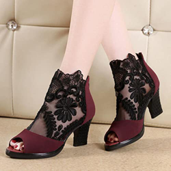 OKGD Malla de Verano Peep Toe Sandalias Tacones Sexy Zapatos para Mujeres Zapatos de Mujeres en Europa América Primavera Verano Bombas Gauze-Red Wine, en oferta