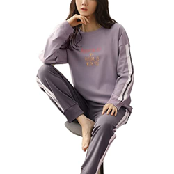 Pijama Mujer, Casual Mangas Largas Pjs Conjuntos Pijamas De Algodón Novedad Carta Raya Púrpura Camisón Pantalones Otoño Invierno Cálido Camisón para M características