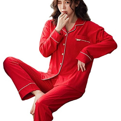 Pijama Mujer Verano, Conjuntos De Pjs para Mujer Pijamas De Algodón De Manga Larga Casual Novedad Raya Chaqueta De Punto Roja Pantalones Otoño Inviern