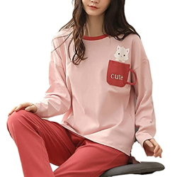 Pijama Mujer Verano, Casual Mangas Largas Pjs Conjuntos Pijamas De Algodón Novedad Gato De Dibujos Animados Camisón Pantalones Otoño Invierno Cálido C características