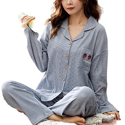 Pijama Mujer Sexy, Conjuntos De Pjs para Mujer Pijamas De Algodón De Manga Larga Casual Novedad Pantalones De Rebeca Azul Fresa Otoño Invierno Cálido 