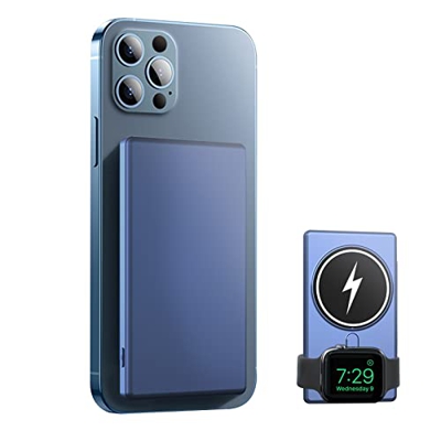 IUBOLE Banco de Energía Inalámbrico Magnético, Cargador Portátil PD de 5000 mAh y 15 W, Cargador de Teléfono Inalámbrico Magnético 3 en 1 Compatible c