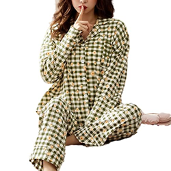 Pijama Mujer, Conjuntos De Pijamas para Mujer, Pijamas De Algodón De Manga Larga Informales, Novedad, Flor A Cuadros, Cárdigan Verde, Pantalones, Otoñ características