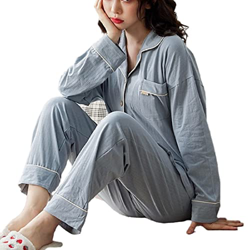 Pijama Mujer Verano, Conjuntos De Pijamas para Mujer Casual Manga Larga Pijamas De Algodón Novedad Raya Azul Cárdigan Pantalones Otoño Invierno Cálido en oferta