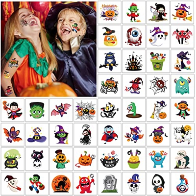DPKOW Halloween Temporales Tatuajes para Niños, Calabaza Fantasma Murciélago Esqueleto Araña Tatuaje Pegatinas Truco o trato para Halloween Recuerdos 