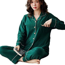 Pijama Mujer Sexy, Pjs Conjuntos para Mujer Casual Manga Larga Pijamas De Algodón Novedad Raya Verde Oscuro Cárdigan Pantalones Otoño Invierno Cálido  características
