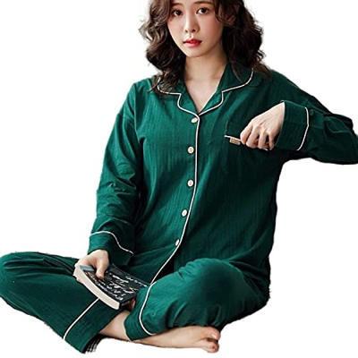 Pijama Mujer Sexy, Pjs Conjuntos para Mujer Casual Manga Larga Pijamas De Algodón Novedad Raya Verde Oscuro Cárdigan Pantalones Otoño Invierno Cálido 