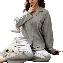 Pijama Mujer, Conjuntos De Pijamas para Mujer, Pijamas De Algodón De Manga Larga Informales, Novedad, Cárdigan Gris Fresa, Pantalones, Otoño Invierno, características