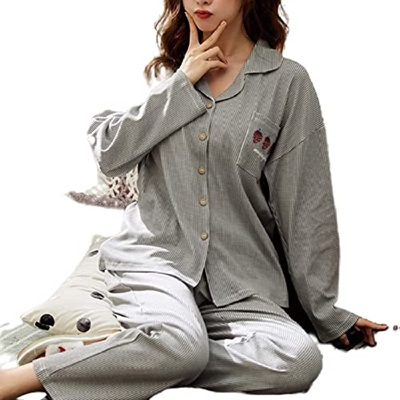 Pijama Mujer, Conjuntos De Pijamas para Mujer, Pijamas De Algodón De Manga Larga Informales, Novedad, Cárdigan Gris Fresa, Pantalones, Otoño Invierno,