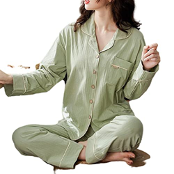 Pijama Mujer Verano, Conjuntos De Pjs para Mujer Pijamas De Algodón De Manga Larga Casual Novedad Raya Verde Claro Cárdigan Pantalones Otoño Invierno  características