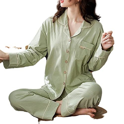 Pijama Mujer Verano, Conjuntos De Pjs para Mujer Pijamas De Algodón De Manga Larga Casual Novedad Raya Verde Claro Cárdigan Pantalones Otoño Invierno 